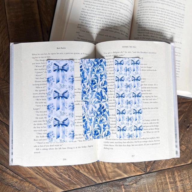 French Blue Bow Bookmark, Small Blue Bow Bookmark, and Blue Leaves Bookmark